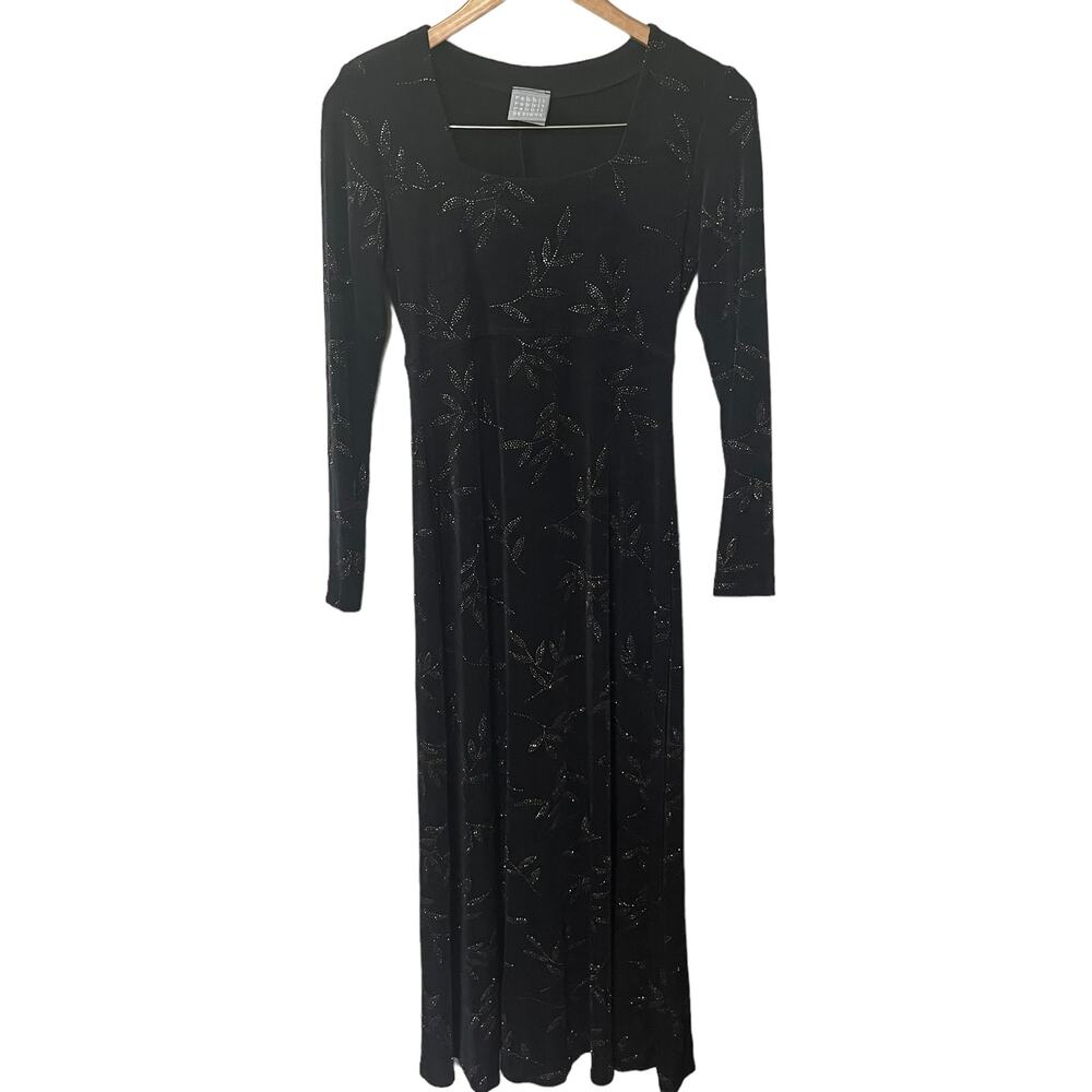 VTG 90s Rabbit Designs Dress Black Silver Leaf Whimsygoth Slinky Knit Midi 4
